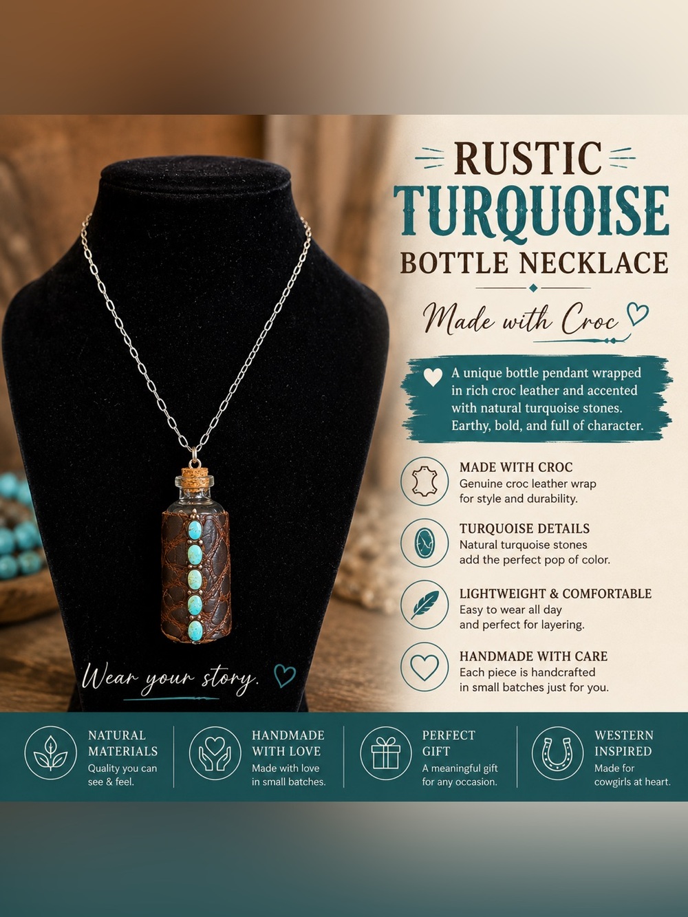 Rustic Turquoise Bottle Pendant Necklace with Croc Leather